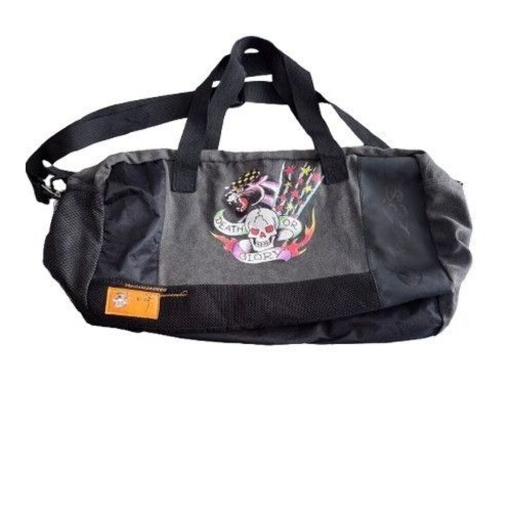 ED HARDY "Death or Glory" Duffle Bag Black Adjustable Shoulder Strap Hand Straps